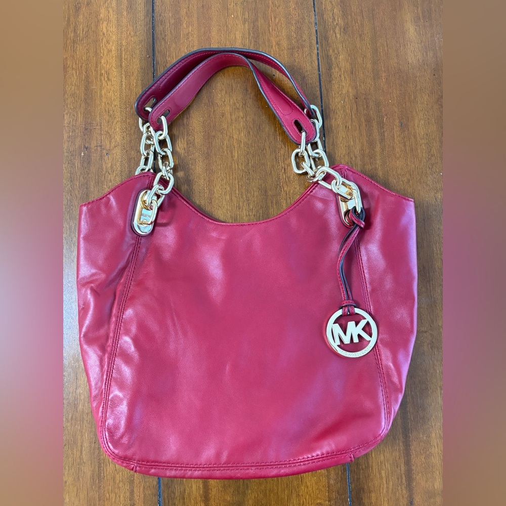 Michael Kors Lily Red Lambskin Leather Gold tone Chain Straps Tote - Picture 2 of 10